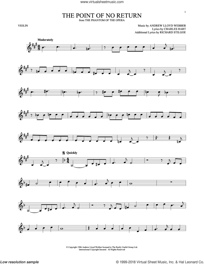 The Point Of No Return (from The Phantom Of The Opera) sheet music for violin solo by Andrew Lloyd Webber, Charles Hart and Richard Stilgoe, intermediate skill level
