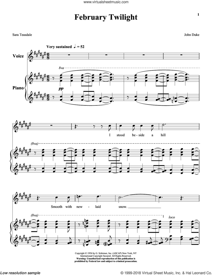 February Twilight sheet music for voice and piano (High Voice) by Sara Teasdale and John Duke, classical score, intermediate skill level