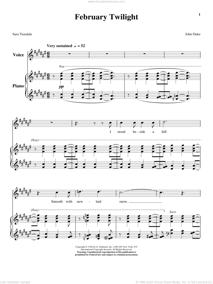 February Twilight sheet music for voice and piano (High Voice) by Sara Teasdale and John Duke, classical score, intermediate skill level