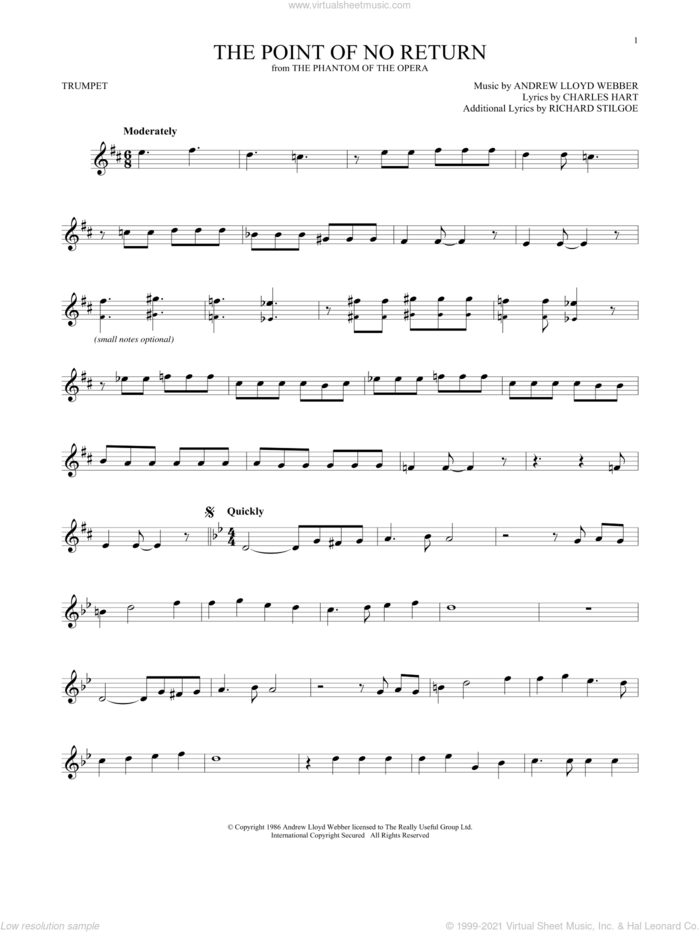 The Point Of No Return (from The Phantom Of The Opera) sheet music for trumpet solo by Andrew Lloyd Webber, Charles Hart and Richard Stilgoe, intermediate skill level