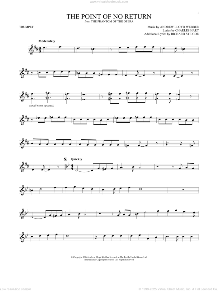 The Point Of No Return (from The Phantom Of The Opera) sheet music for trumpet solo by Andrew Lloyd Webber, Charles Hart and Richard Stilgoe, intermediate skill level