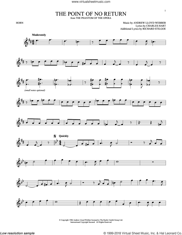 The Point Of No Return (from The Phantom Of The Opera) sheet music for horn solo by Andrew Lloyd Webber, Charles Hart and Richard Stilgoe, intermediate skill level