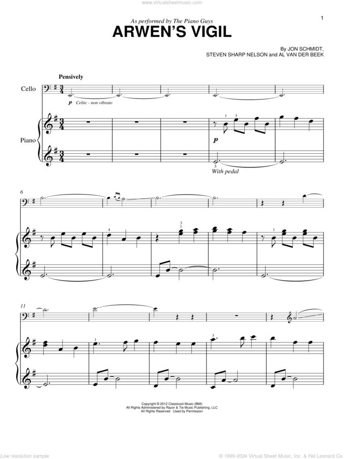 Arwen's Vigil sheet music for piano solo by The Piano Guys, Al van der Beek, Jon Schmidt and Steven Sharp Nelson, easy skill level