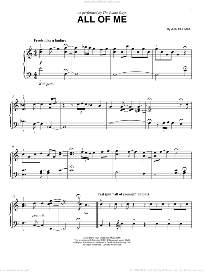 All Of Me, (easy) sheet music for piano solo by The Piano Guys and Jon Schmidt, easy skill level