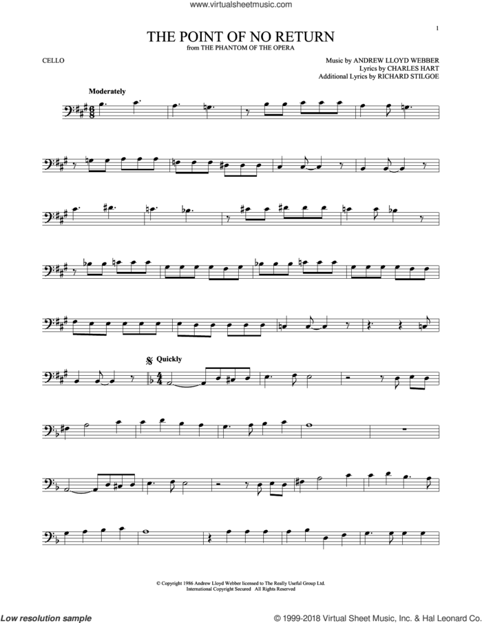 The Point Of No Return (from The Phantom Of The Opera) sheet music for cello solo by Andrew Lloyd Webber, Charles Hart and Richard Stilgoe, intermediate skill level
