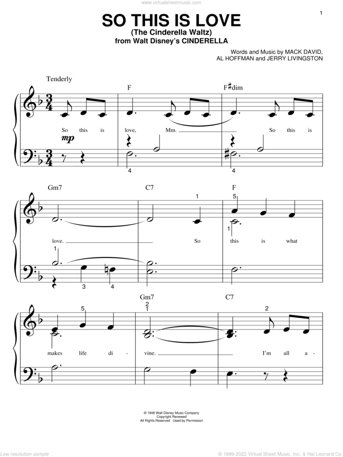 So This Is Love (from Cinderella) sheet music for piano solo (big note book) by Mack David, Al Hoffman, Jerry Livingston and Mack David, Al Hoffman and Jerry Livingston, easy piano (big note book)