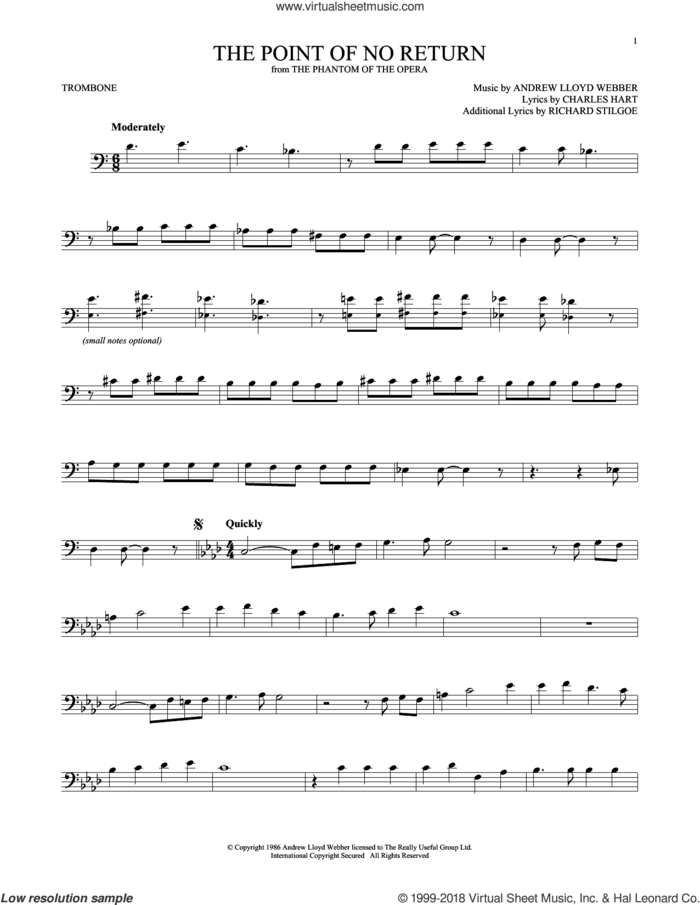 The Point Of No Return (from The Phantom Of The Opera) sheet music for trombone solo by Andrew Lloyd Webber, Charles Hart and Richard Stilgoe, intermediate skill level