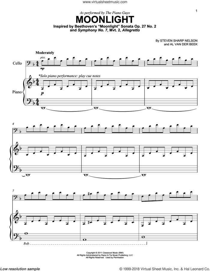 Moonlight sheet music for piano solo by The Piano Guys, Al van der Beek and Steven Sharp Nelson, easy skill level