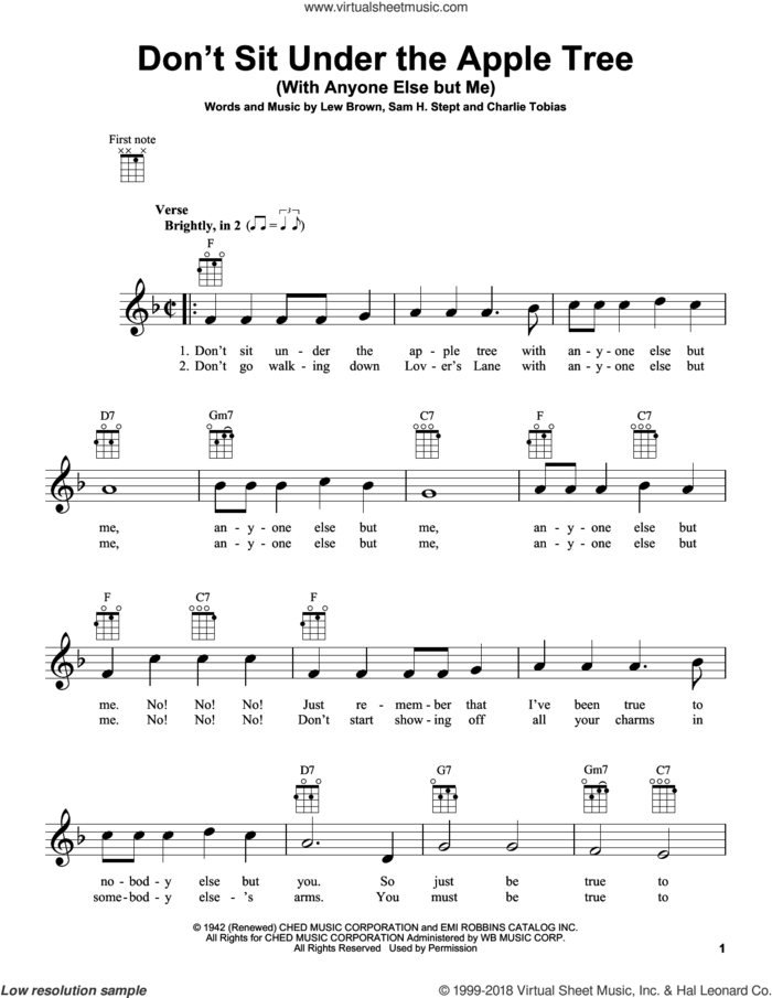 Don't Sit Under The Apple Tree (With Anyone Else But Me) sheet music for ukulele by Lew Brown, Charles Tobias and Sam H. Stept, intermediate skill level