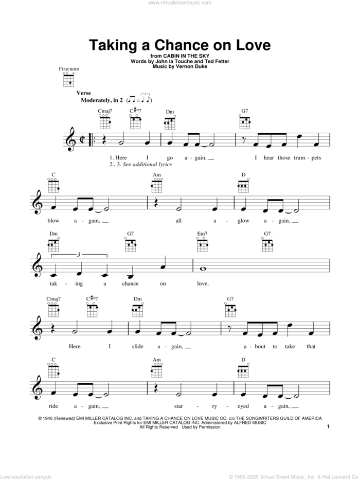 Taking A Chance On Love sheet music for ukulele by Vernon Duke, John Latouche and Ted Fetter, intermediate skill level