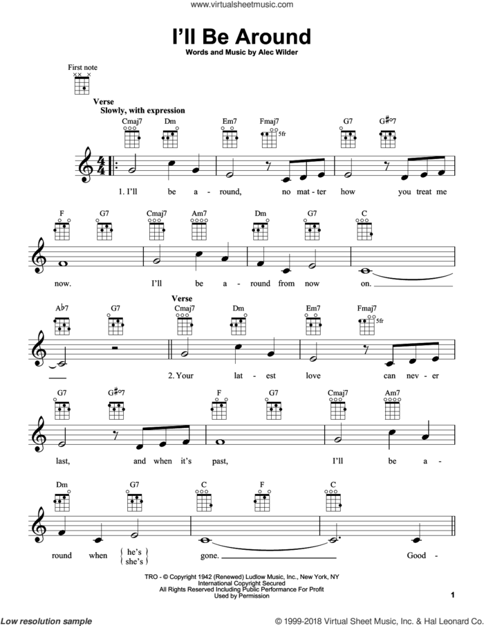 I'll Be Around sheet music for ukulele by Alec Wilder and The Mills Brothers, intermediate skill level