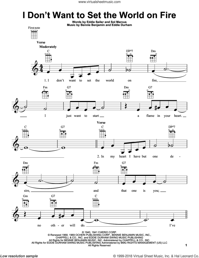 I Don't Want To Set The World On Fire sheet music for ukulele by Sol Marcus, Bennie Benjamin, Eddie Durham and Eddie Seiler, intermediate skill level