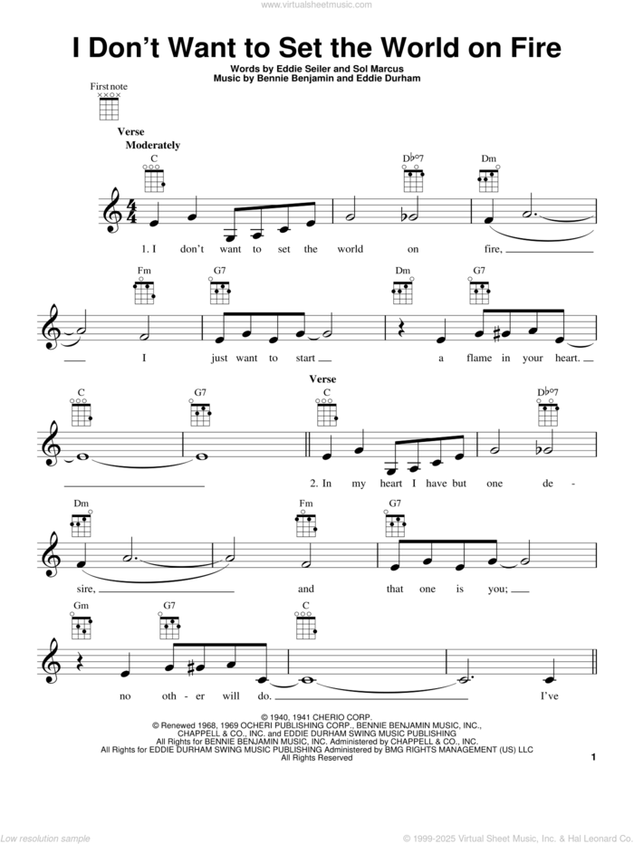 I Don't Want To Set The World On Fire (from The Daily Ukulele) sheet music for ukulele by Sol Marcus, Bennie Benjamin, Eddie Durham and Eddie Seiler, intermediate skill level