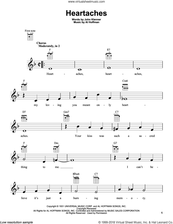 Heartaches sheet music for ukulele by Al Hoffman, Patsy Cline, Ted Weems and John Klenner, intermediate skill level