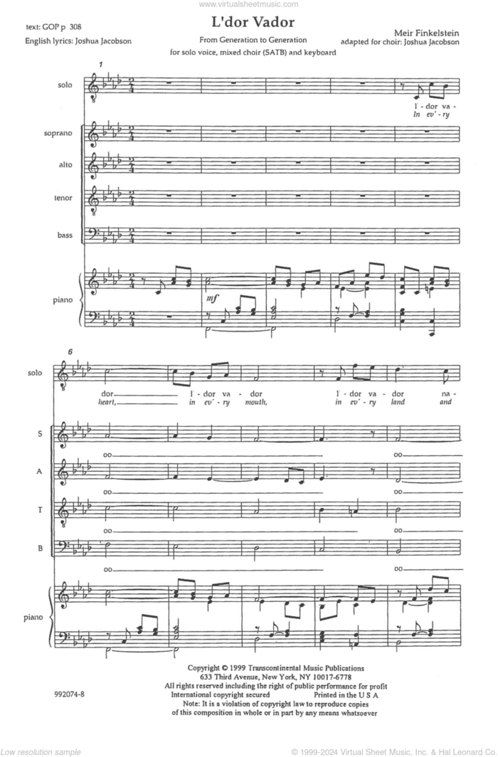 L'dor Vador (from Generation To Generation) sheet music for choir (SATB: soprano, alto, tenor, bass) by Joshua Jacobson and Meir Finkelstein, intermediate skill level