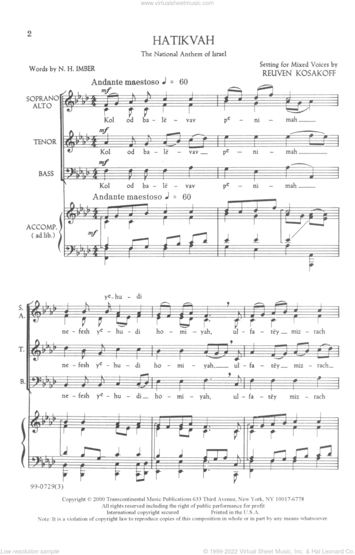 Hatikvah sheet music for choir (SATB: soprano, alto, tenor, bass) by Reuven Kosakoff, intermediate skill level