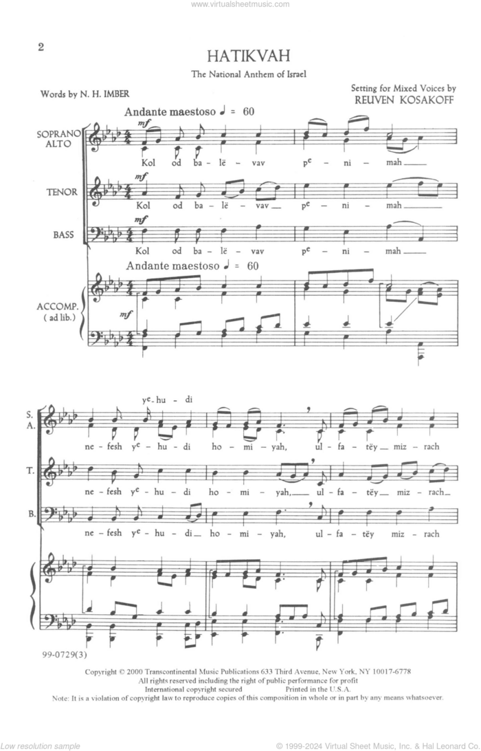 Hatikvah sheet music for choir (SATB: soprano, alto, tenor, bass) by Reuven Kosakoff, intermediate skill level