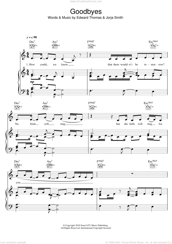 Goodbyes sheet music for voice, piano or guitar by Jorja Smith and Edward Thomas, intermediate skill level