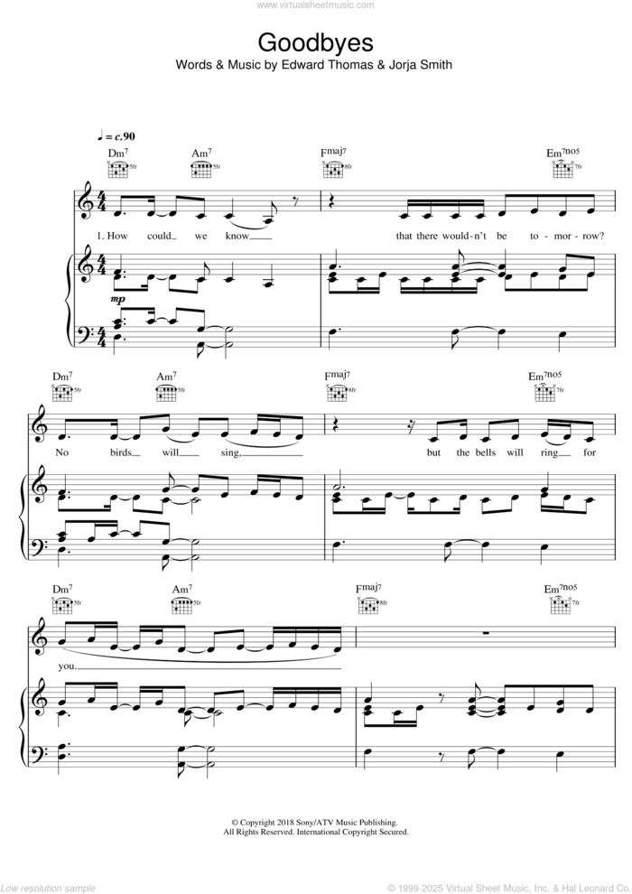 Goodbyes sheet music for voice, piano or guitar by Jorja Smith and Edward Thomas, intermediate skill level