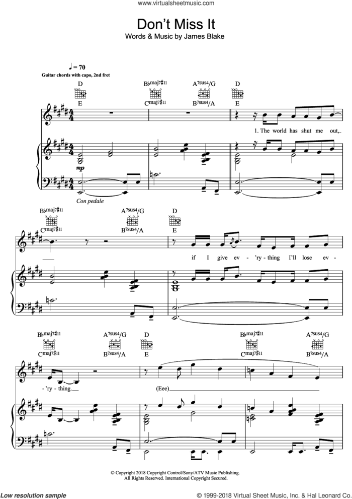 Don't Miss It sheet music for voice, piano or guitar by James Blake, intermediate skill level