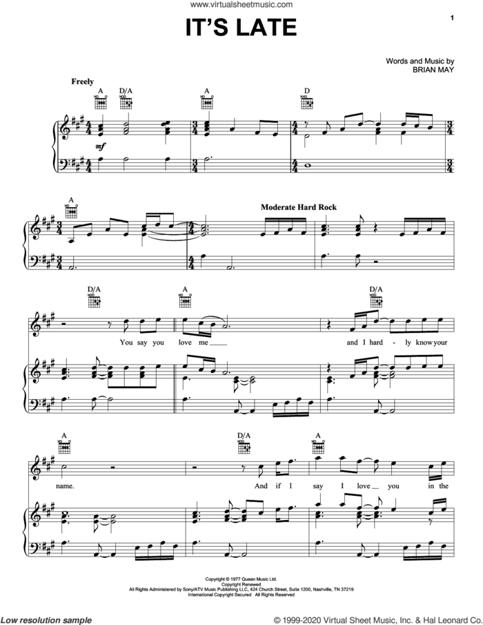 It's Late sheet music for voice, piano or guitar by Queen and Brian May, intermediate skill level