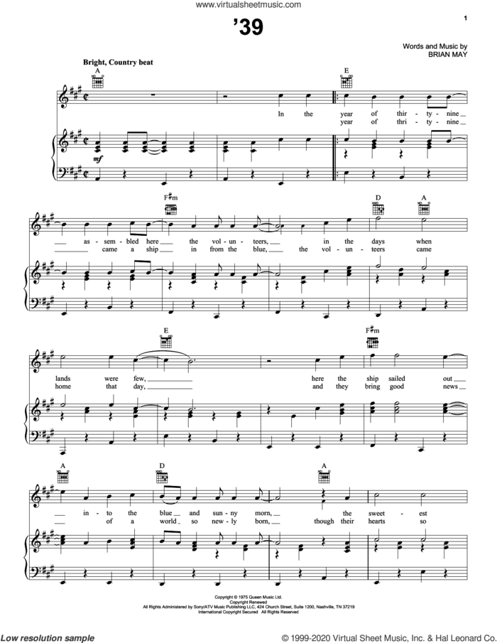 '39 sheet music for voice, piano or guitar by Queen and Brian May, intermediate skill level