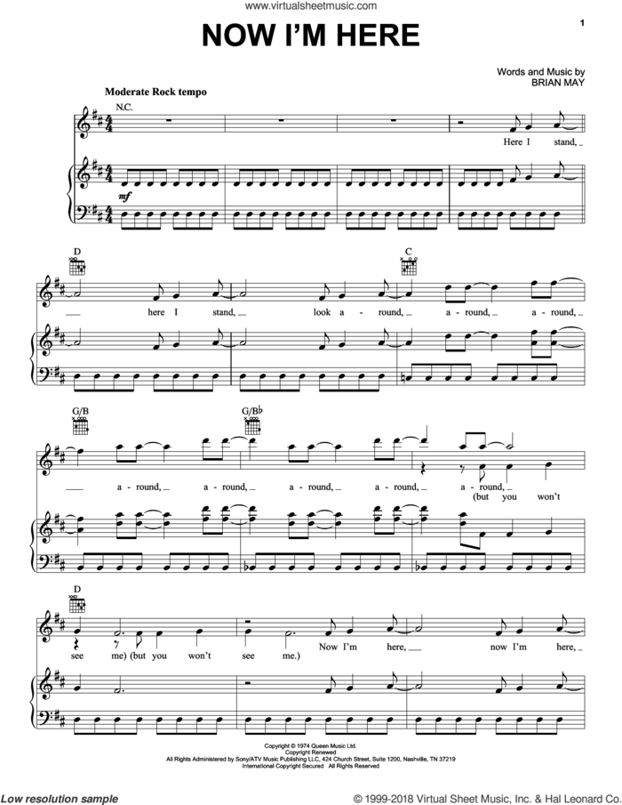 Now I'm Here sheet music for voice, piano or guitar by Queen and Brian May, intermediate skill level