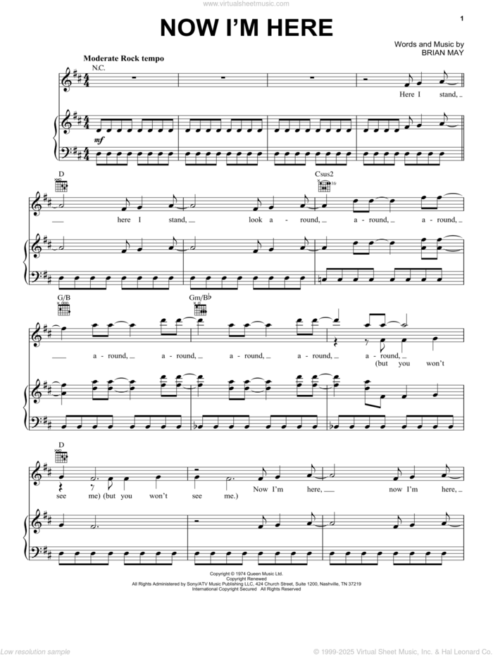 Now I'm Here sheet music for voice, piano or guitar by Queen and Brian May, intermediate skill level