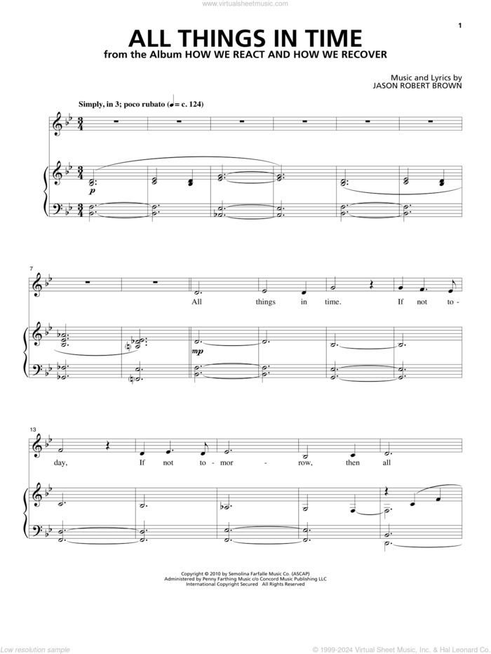 All Things In Time (from How We React And How We Recover) sheet music for voice and piano by Jason Robert Brown, intermediate skill level