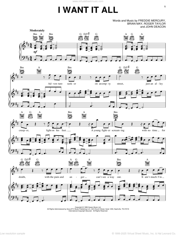 I Want It All sheet music for voice, piano or guitar by Queen, Brian May, Freddie Mercury, John Deacon and Roger Taylor, intermediate skill level