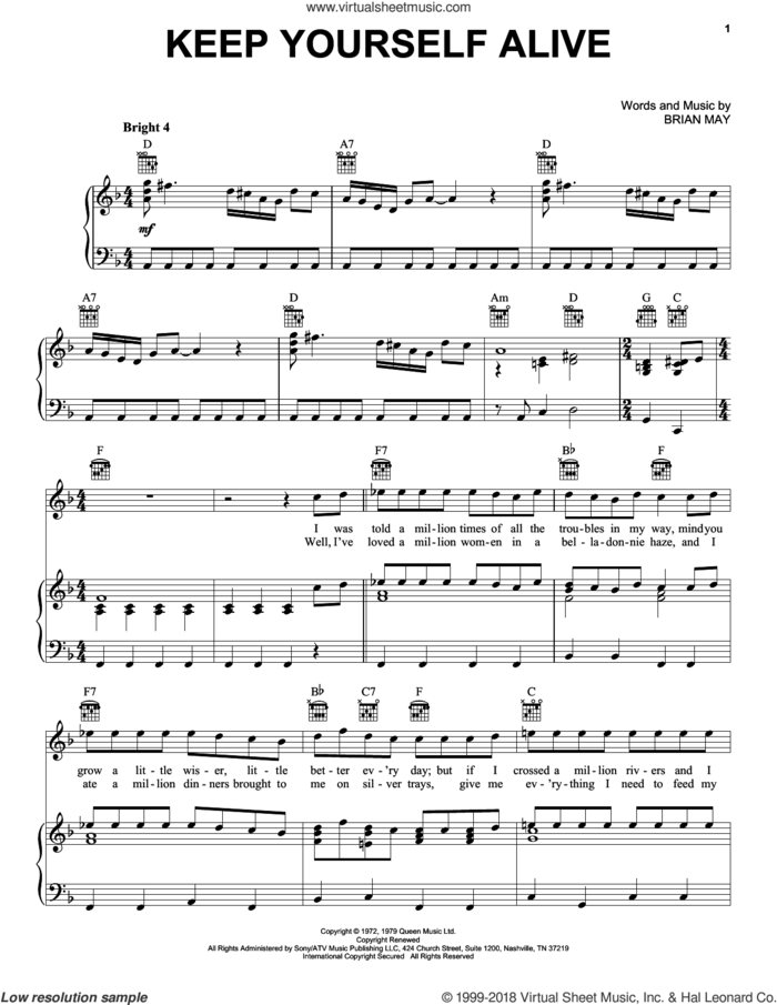 Keep Yourself Alive sheet music for voice, piano or guitar by Queen and Brian May, intermediate skill level