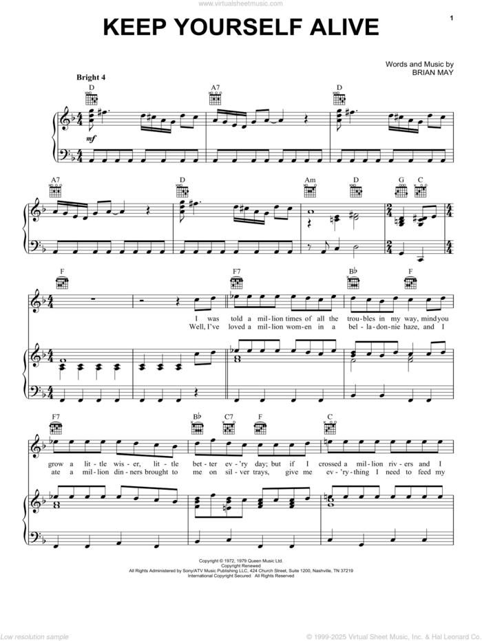 Keep Yourself Alive sheet music for voice, piano or guitar by Queen and Brian May, intermediate skill level