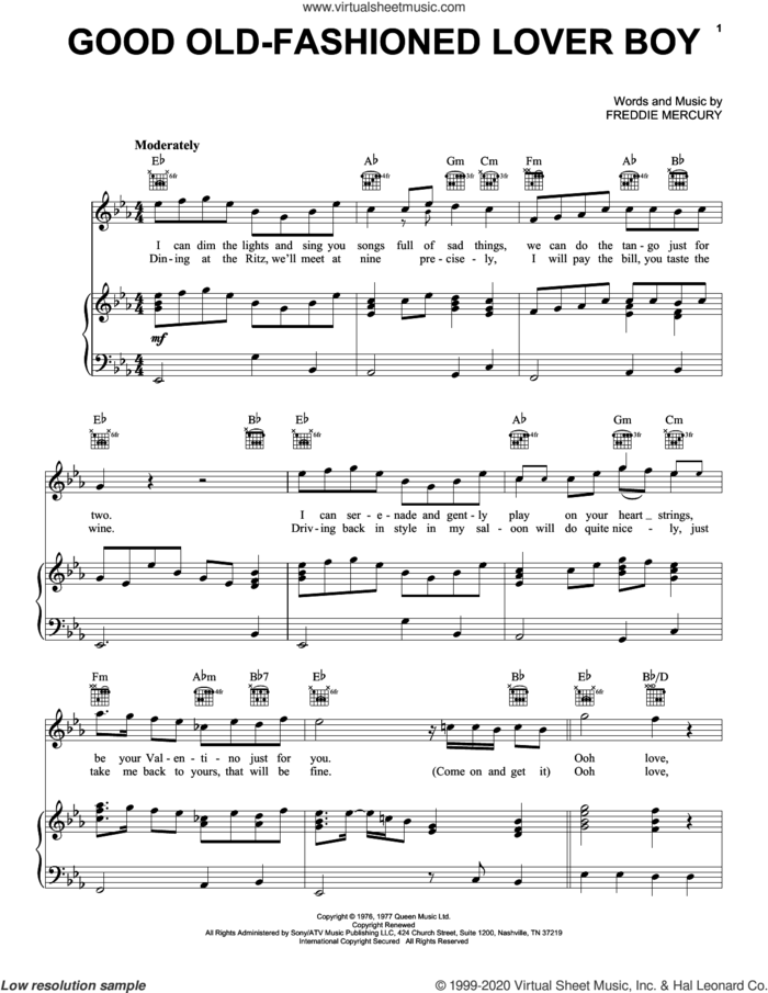Good Old-Fashioned Lover Boy sheet music for voice, piano or guitar by Queen and Freddie Mercury, intermediate skill level