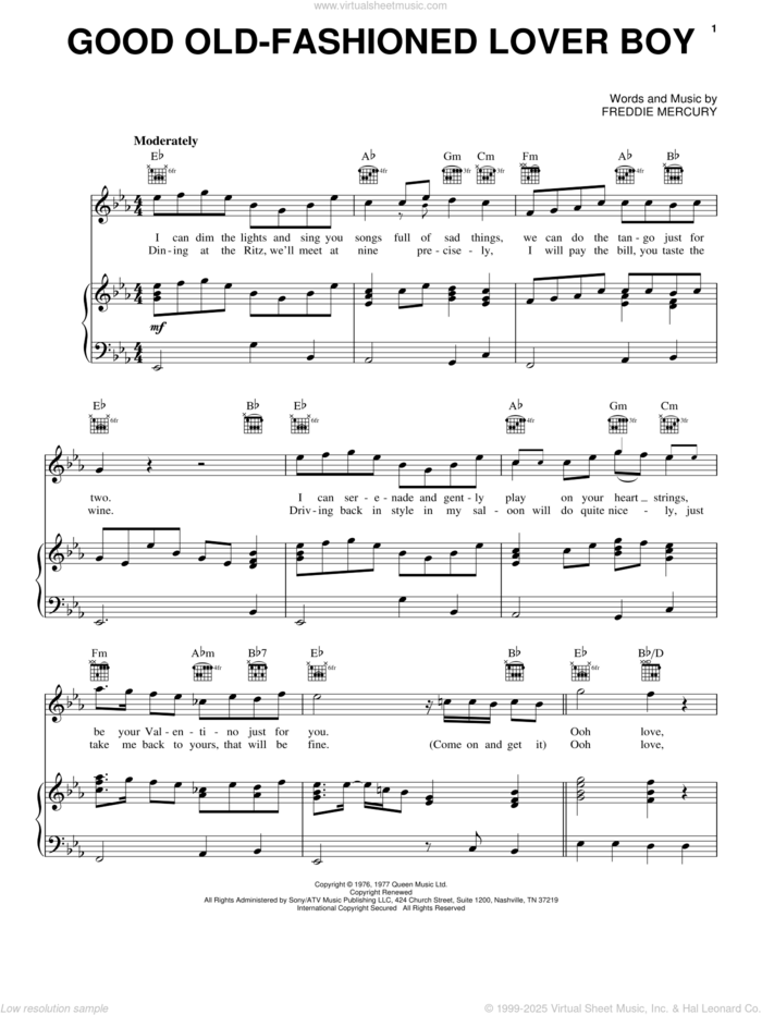 Good Old-Fashioned Lover Boy sheet music for voice, piano or guitar by Queen and Freddie Mercury, intermediate skill level