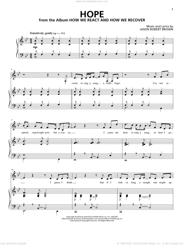 Hope (from How We React And How We Recover) sheet music for voice and piano by Jason Robert Brown, intermediate skill level