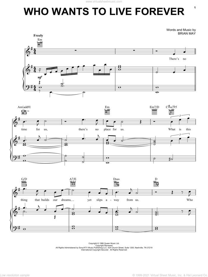 Who Wants To Live Forever sheet music for voice, piano or guitar by Queen and Brian May, intermediate skill level