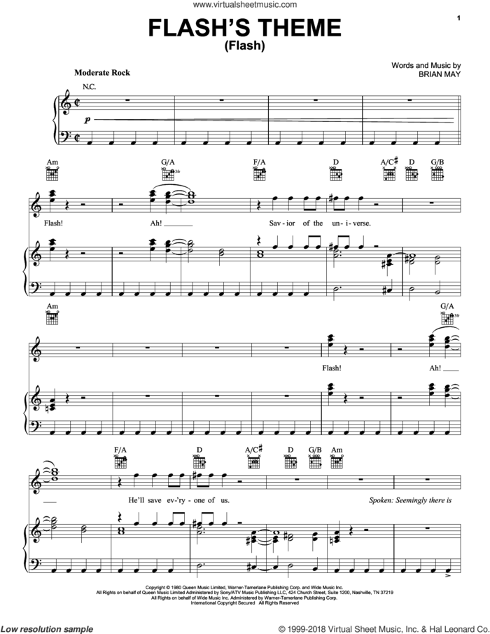 Flash's Theme (Flash) sheet music for voice, piano or guitar by Queen and Brian May, intermediate skill level