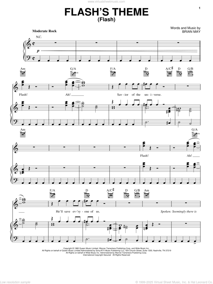 Flash's Theme (Flash) sheet music for voice, piano or guitar by Queen and Brian May, intermediate skill level