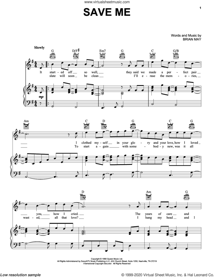 Save Me sheet music for voice, piano or guitar by Queen and Brian May, intermediate skill level