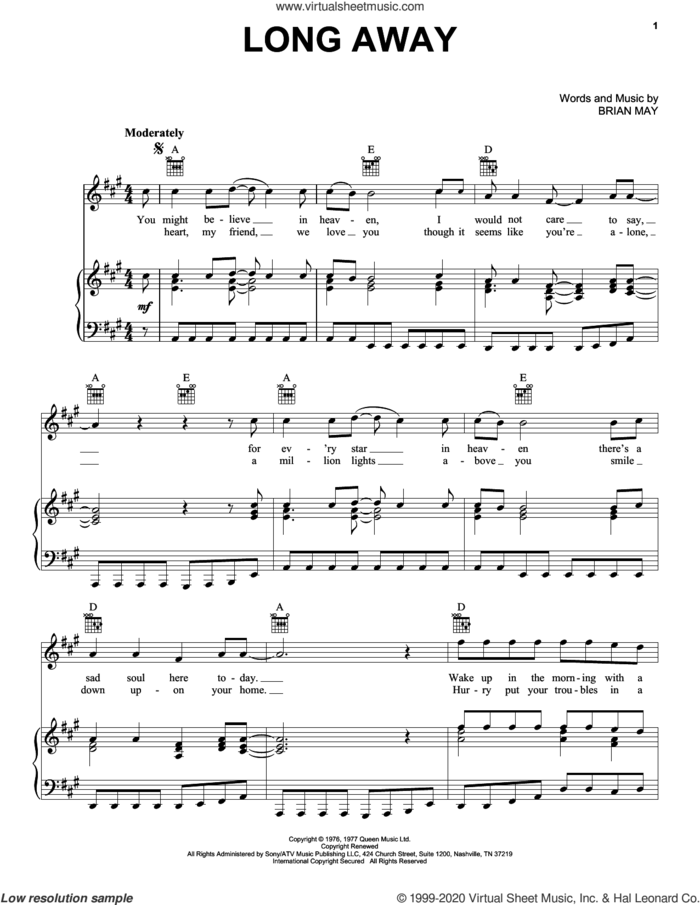 Long Away sheet music for voice, piano or guitar by Queen and Brian May, intermediate skill level