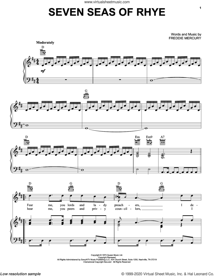 Seven Seas Of Rhye sheet music for voice, piano or guitar by Queen and Freddie Mercury, intermediate skill level
