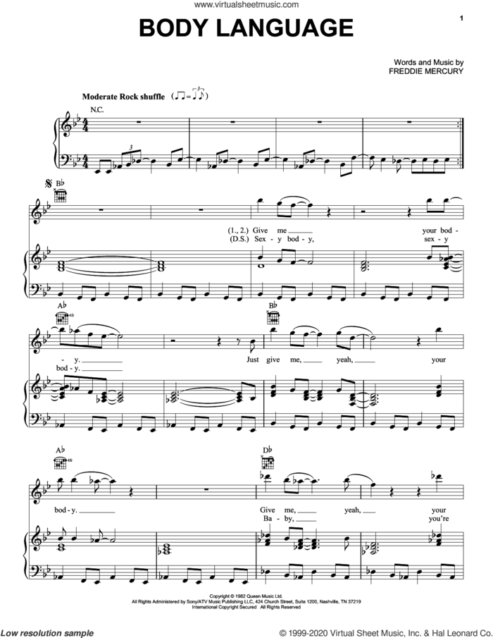 Body Language sheet music for voice, piano or guitar by Queen and Freddie Mercury, intermediate skill level