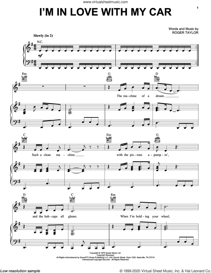 I'm In Love With My Car sheet music for voice, piano or guitar by Queen and Roger Taylor, intermediate skill level