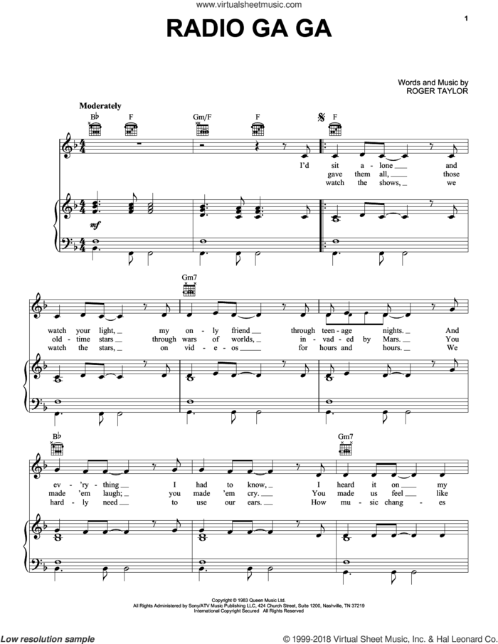Radio Ga Ga sheet music for voice, piano or guitar by Queen and Roger Taylor, intermediate skill level