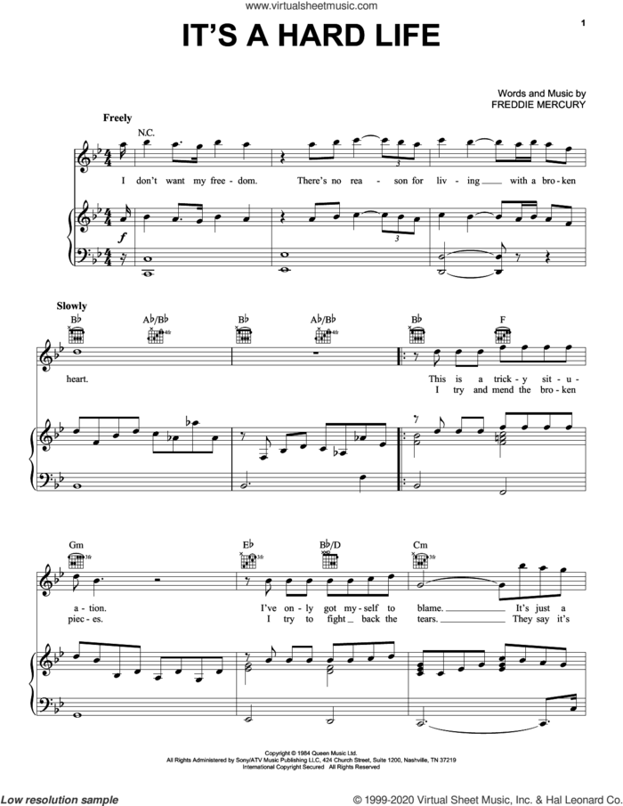 It's A Hard Life sheet music for voice, piano or guitar by Queen and Freddie Mercury, intermediate skill level