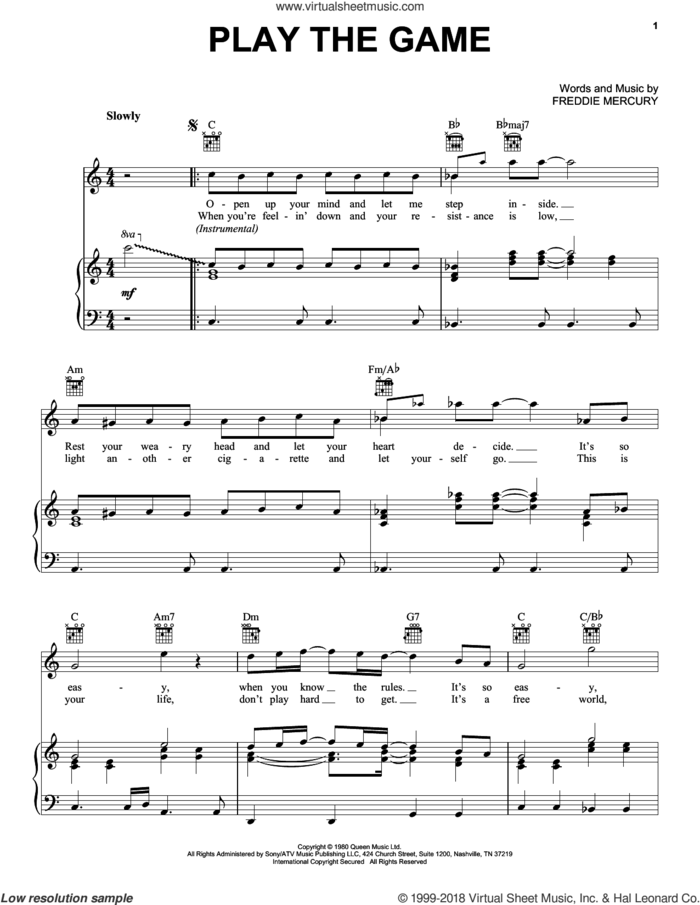 Play The Game sheet music for voice, piano or guitar by Queen and Freddie Mercury, intermediate skill level