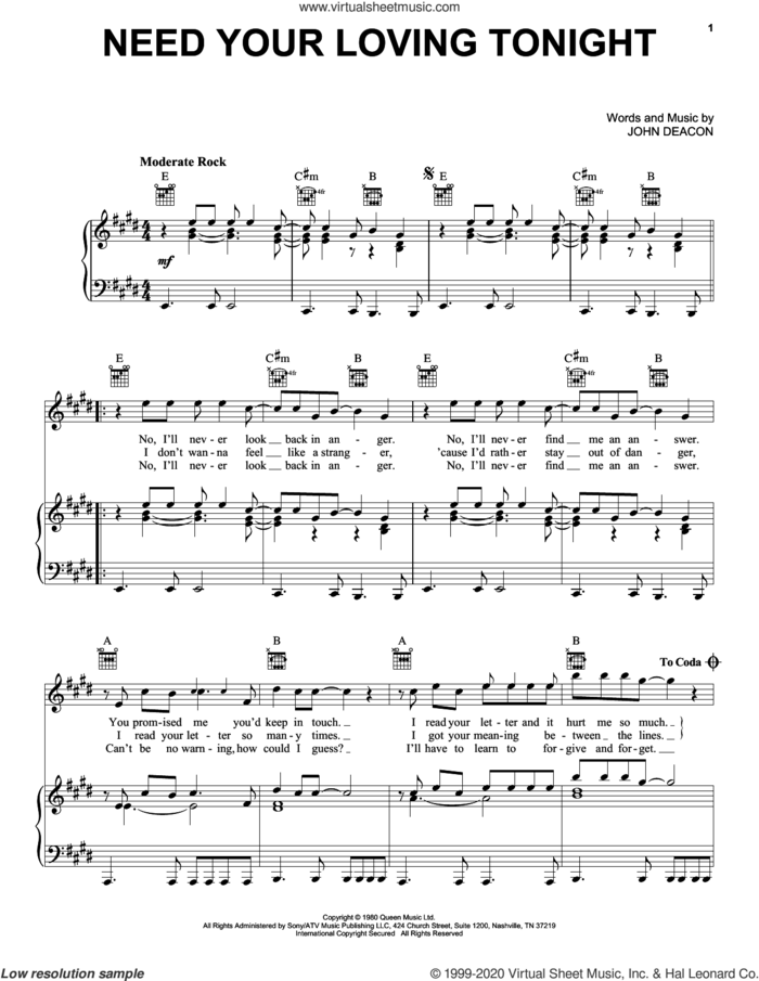 Need Your Loving Tonight sheet music for voice, piano or guitar by Queen and John Deacon, intermediate skill level