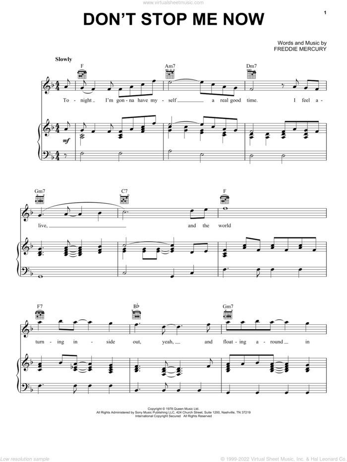 Don't Stop Me Now sheet music for voice, piano or guitar by Queen and Freddie Mercury, intermediate skill level