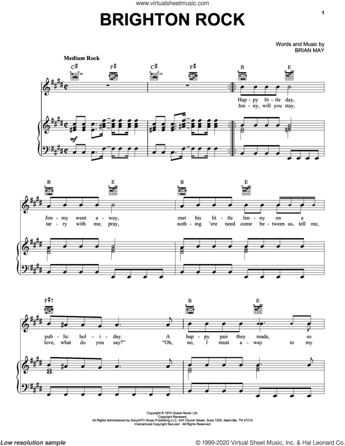 Brighton Rock sheet music for voice, piano or guitar by Queen and Brian May, intermediate skill level