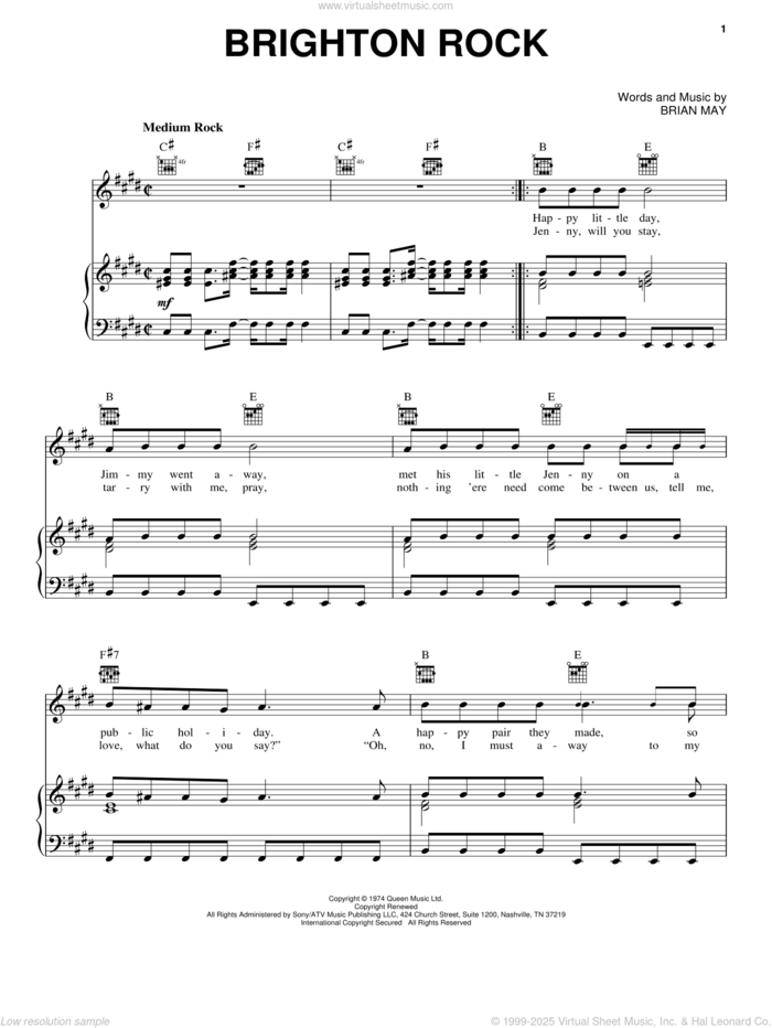 Brighton Rock sheet music for voice, piano or guitar by Queen and Brian May, intermediate skill level